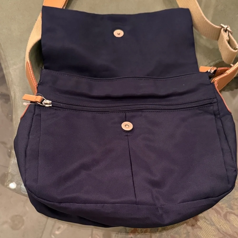 Navy Blue Messenger Bag with Tan Strap